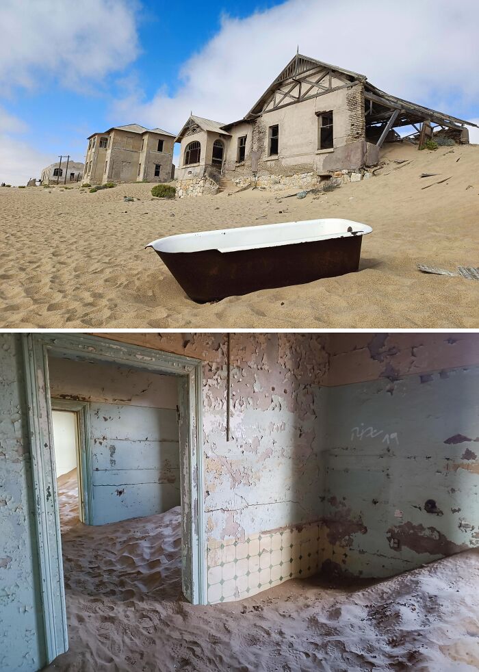 Abandoned places with sand-filled houses and a rusty bathtub, showcasing decay and desertion in a forgotten location.