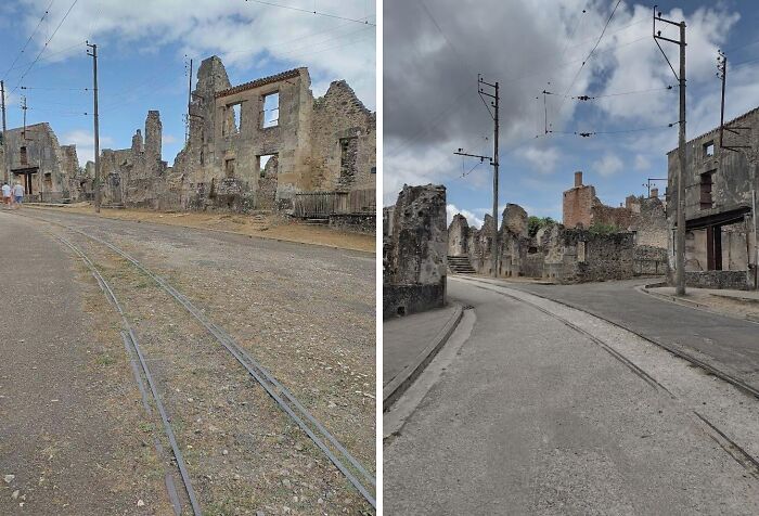 Side-by-side images of abandoned places showing ruined stone buildings and empty streets with old railway tracks under cloudy skies.
