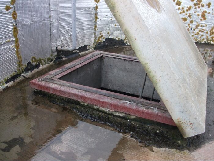 Rusty open hatch leading to dark underground space, covered with mold and water, evoking terrifying photos and stories.