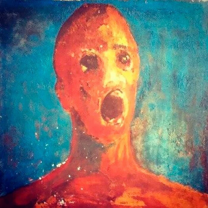 Abstract painting of a fiery humanoid figure with a terrifying open mouth, evoking frightening and scary imagery.
