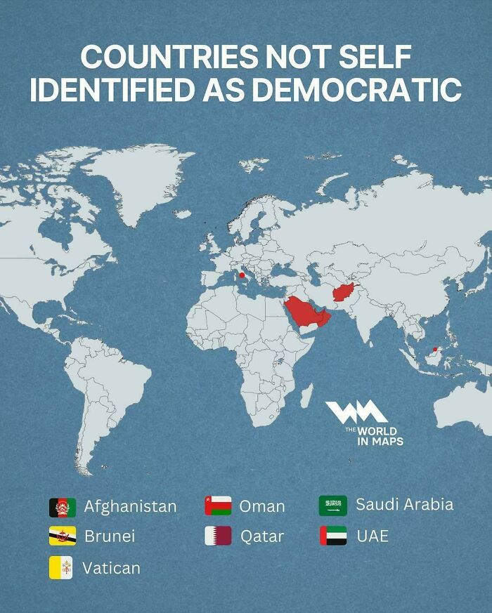 Map highlighting countries not self-identified as democratic, featuring Afghanistan, Oman, Saudi Arabia, and more.