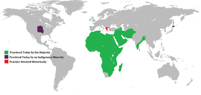 World map showing cultural practices by majority, indigenous minorities, and historically attested regions in informative maps.