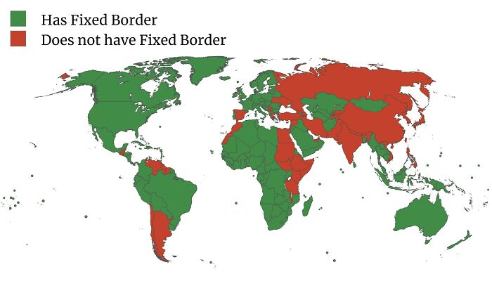 World map showing countries with fixed borders in green and those without fixed borders in red, informative maps perspective.