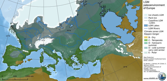 Map showing the Last Glacial Maximum paleoenvironment of Europe with climate zones and ice sheet coverage.
