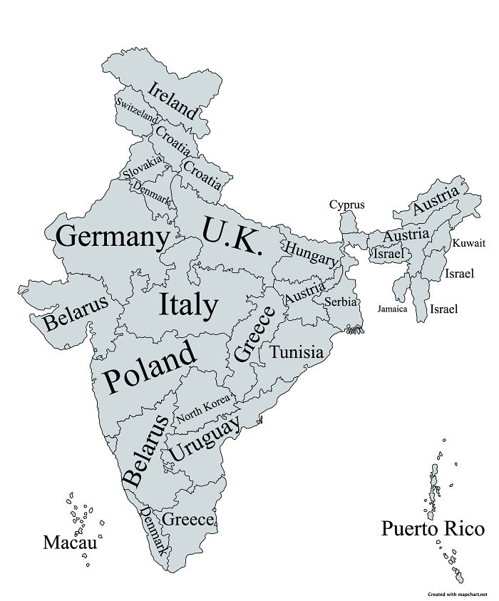 Map of India labeled with various countries showing an informative map that might change your perspective on our world.