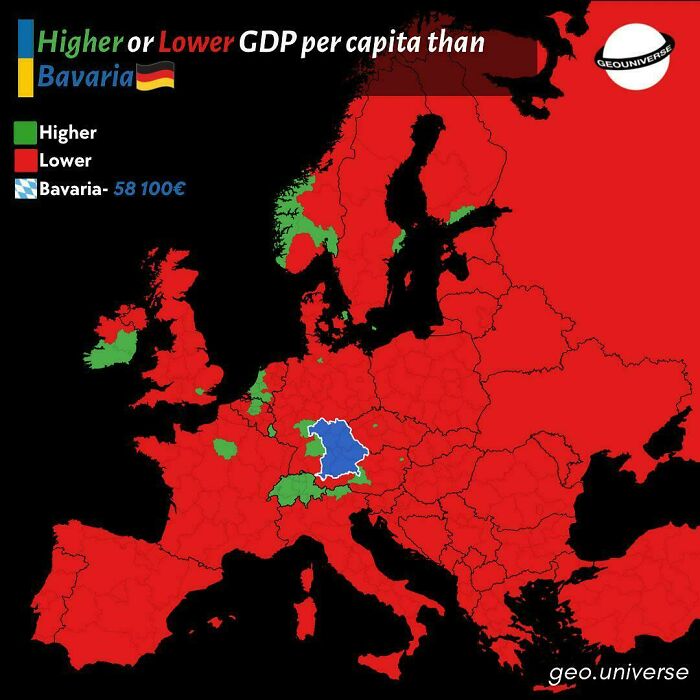 Map showing European regions with higher or lower GDP per capita than Bavaria, highlighting economic differences in informative maps.