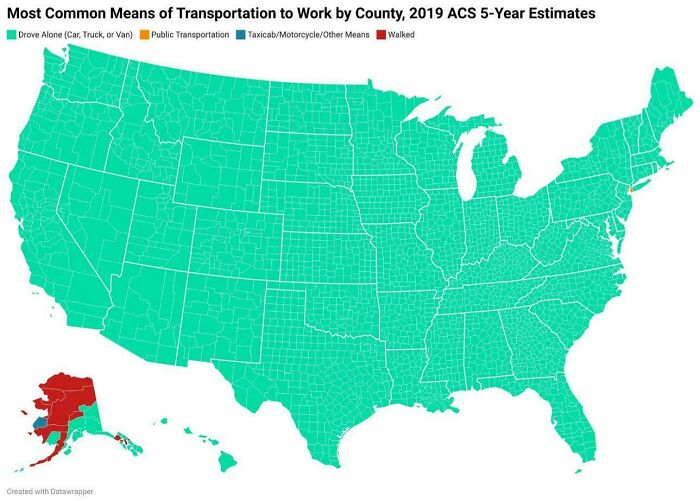 Map showing the most common means of transportation to work by county across the US, an informative map that changes perspective.