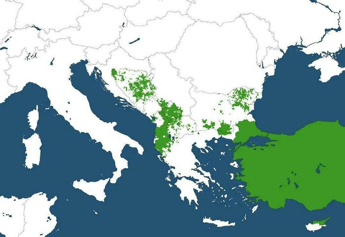 Informative map showing regions of Greek language speakers across Southeast Europe and western Turkey.