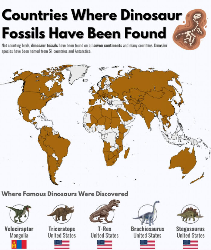 World map highlighting countries where dinosaur fossils were found, part of informative maps changing perspective on our world.