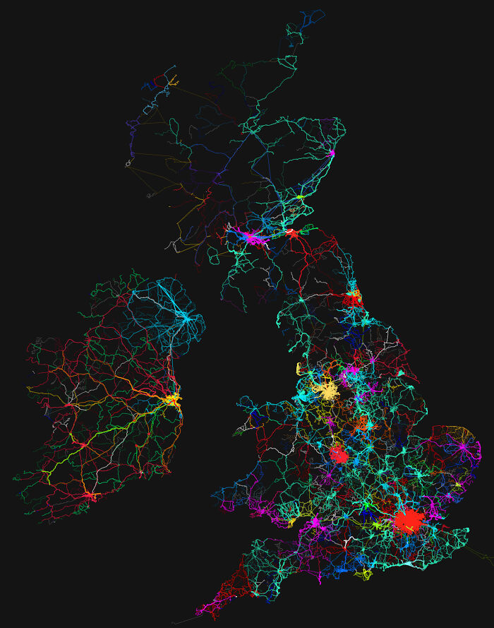 Colorful detailed map of the United Kingdom and Ireland highlighting intricate transport and road networks shared in informative maps.