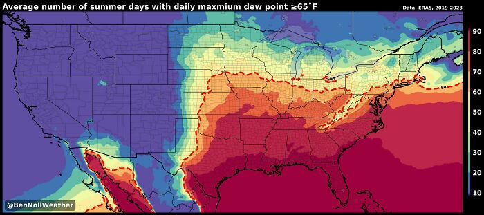 Heat map showing average number of summer days with dew point above 65°F across the United States, informative map.
