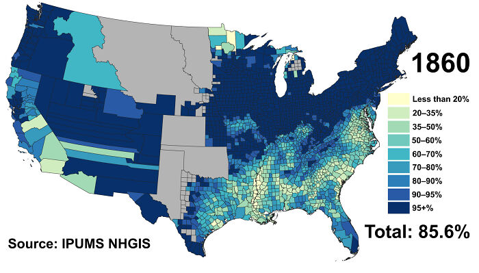 Map of the United States in 1860 showing population distribution with color-coded percentage ranges for informative maps.