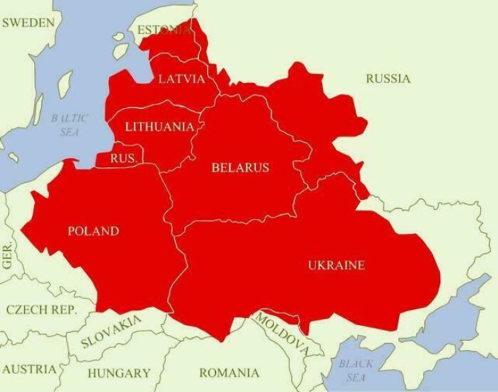 Map highlighting Eastern European countries including Poland, Belarus, Ukraine, Lithuania, Latvia, and Estonia in red.