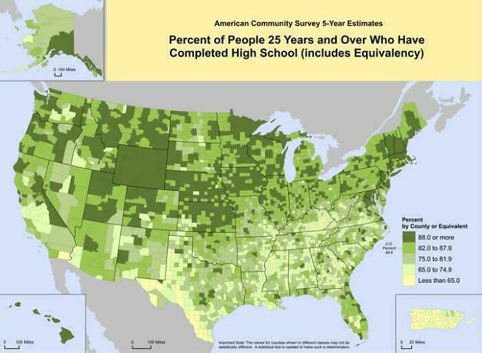 US map showing high school completion rates by county for people aged 25 and over, informative map with educational data perspective