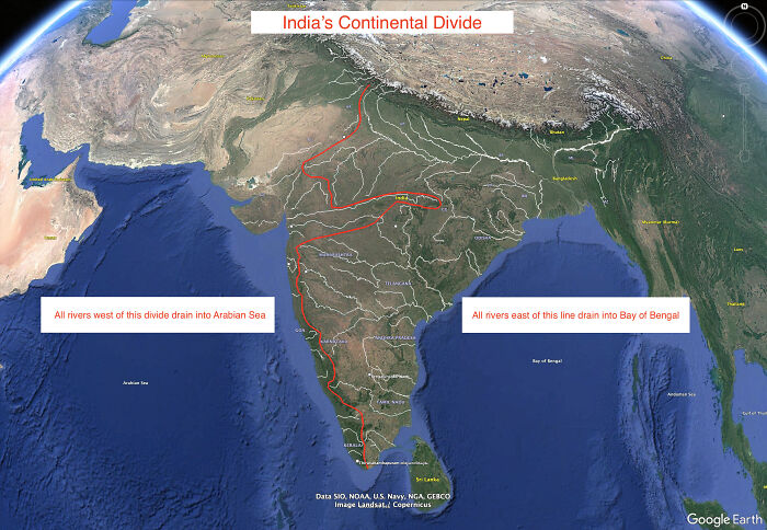 Satellite map of India showing the continental divide with river drainage directions, an informative map on world geography.