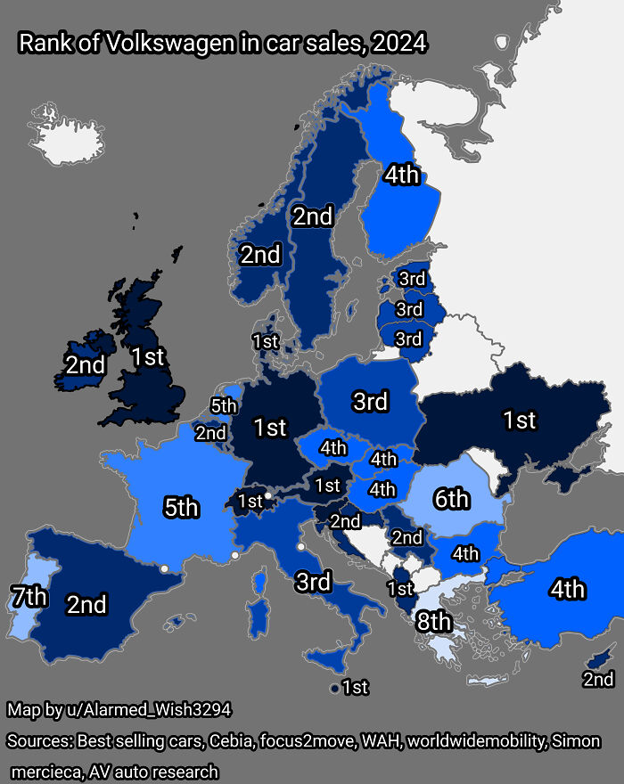 Map showing the rank of Volkswagen in car sales across Europe in 2024, highlighting regional differences in popularity.