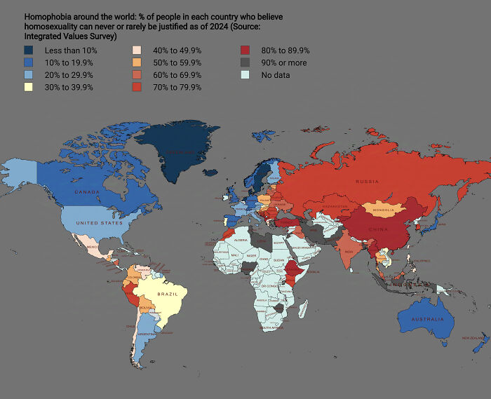 World map showing homophobia levels by country in 2024, using color-coded percentages in an informative map perspective.