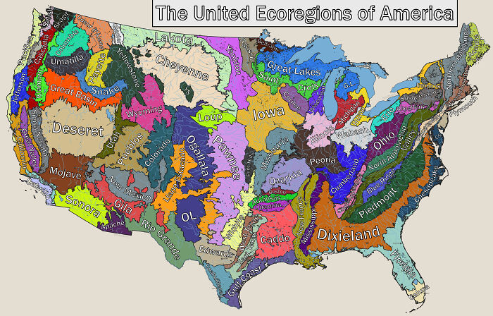 Colorful informative map showing the ecoregions of America with distinct regions labeled across the United States.