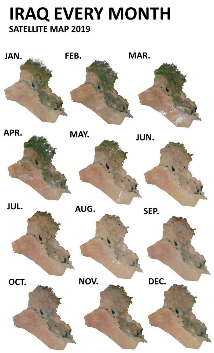 Satellite maps showing monthly landscape changes across Iraq in 2019, highlighting seasonal variations and environmental patterns.