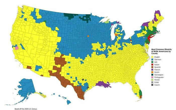 Map showing the most common ethnicity of White Americans by county, an informative map changing world perspective.