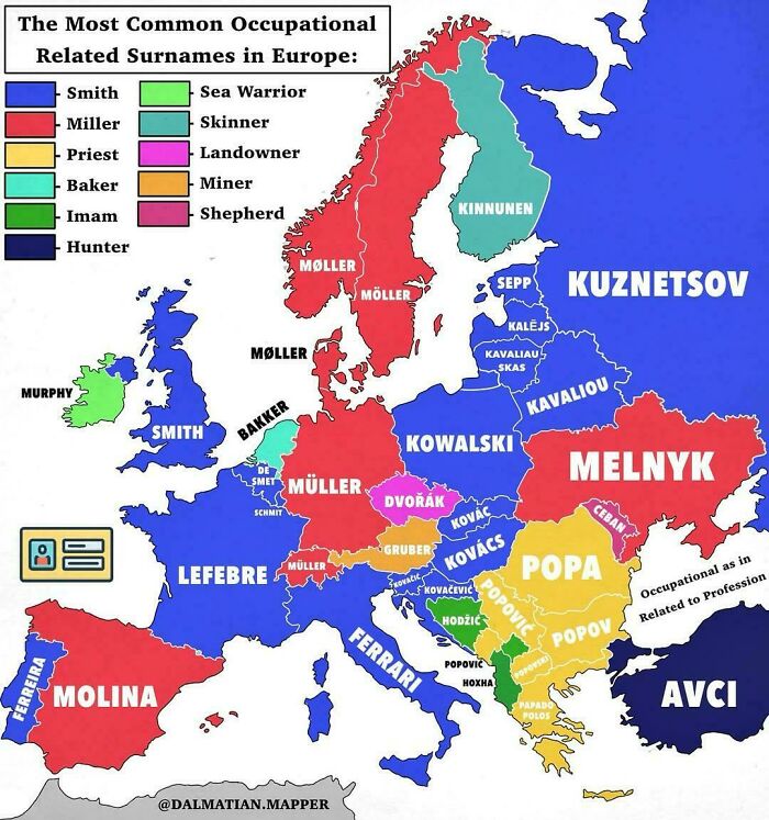 Map showing the most common occupational surnames in Europe highlighting regional surname patterns and professions.