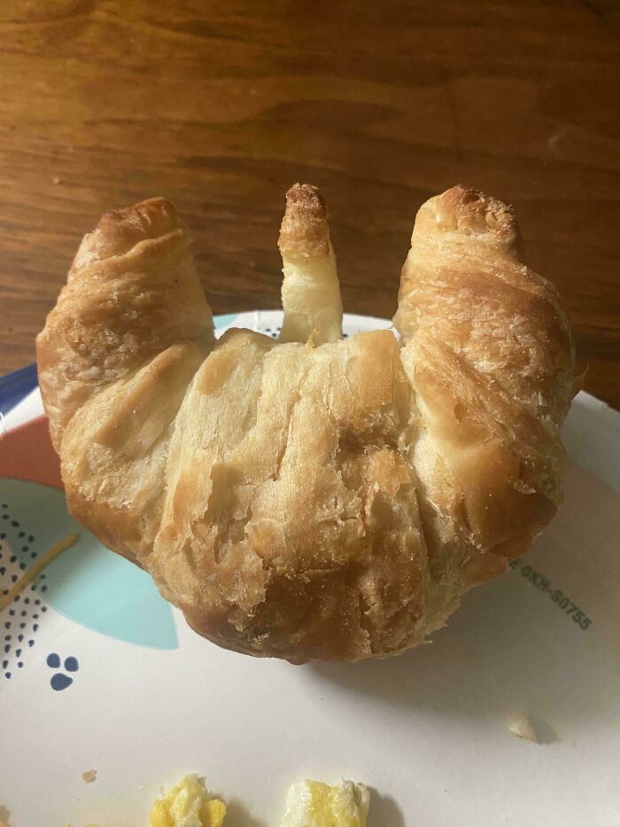 A moderately interesting croissant with an unusual middle horn shape on a patterned plate.