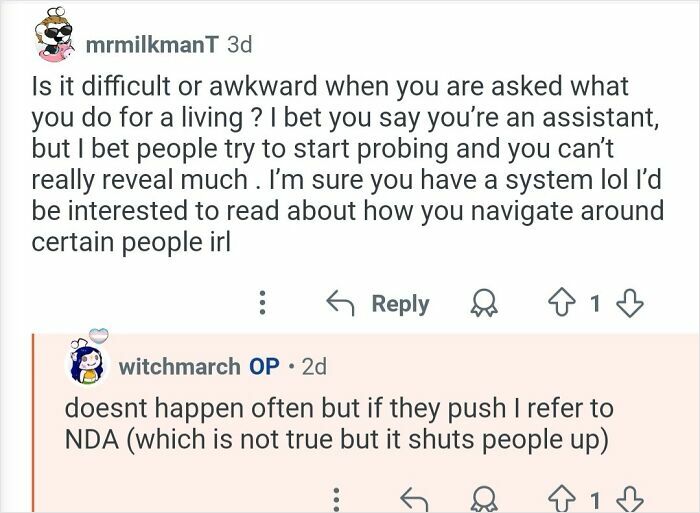 Reddit comments about challenges faced by a personal assistant working for billionaires and handling probing questions.