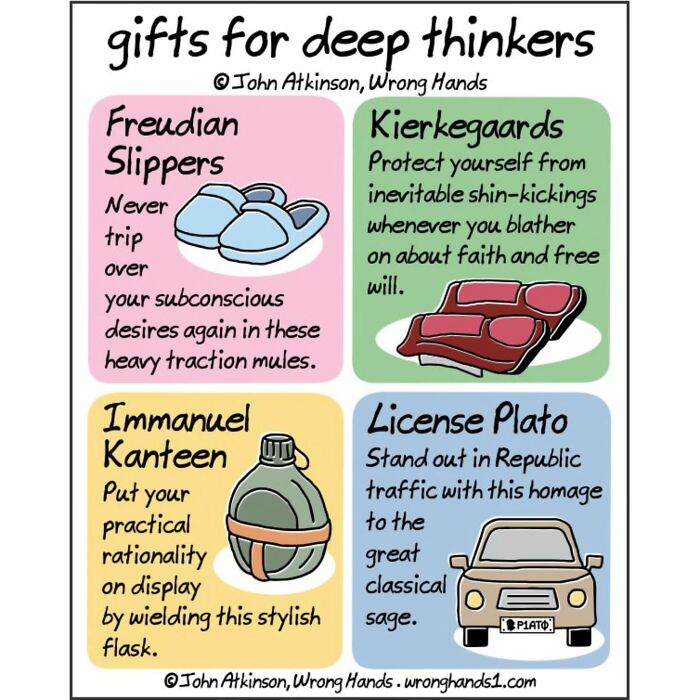 Humorous cartoons inspired by science and literature featuring witty gift ideas for deep thinkers by John Atkinson.
