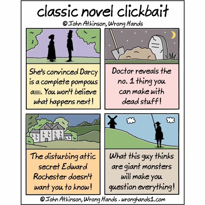 Humorous cartoon inspired by literature shows classic novel clickbait with playful and witty science and literary references.