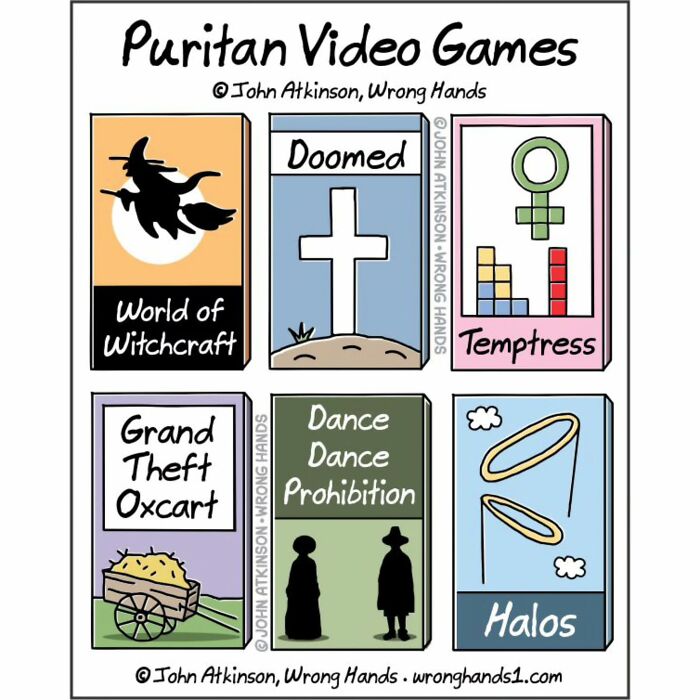 Humorous cartoons inspired by science and literature featuring parody video game boxes with witty themes and titles.