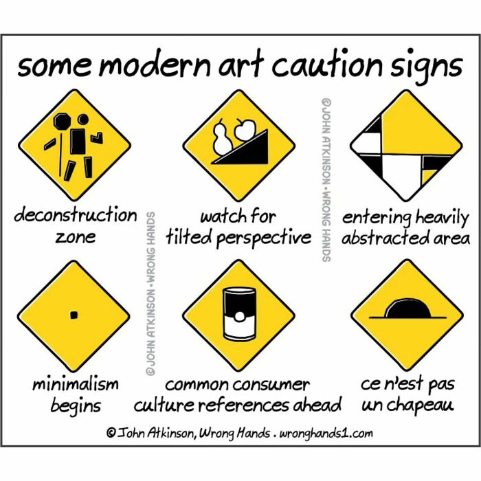 Humorous cartoons inspired by modern art caution signs blending science and literature themes in a creative style.