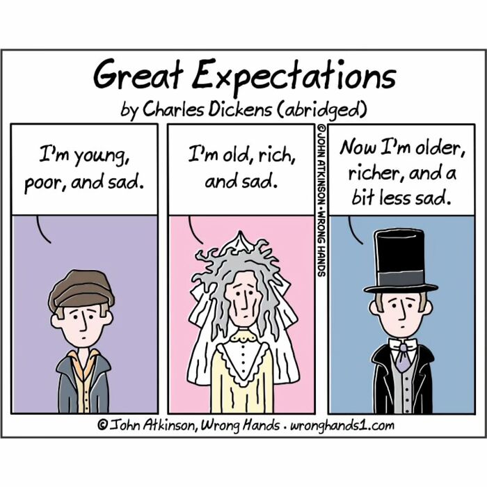 Humorous cartoon inspired by literature showing three stages of a character from Great Expectations by Charles Dickens.