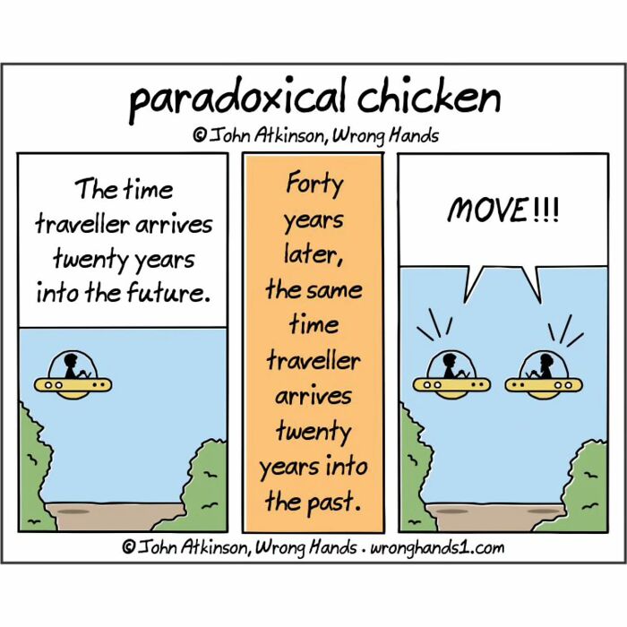 Cartoon depicting humorous time travel paradox with two travelers in flying saucers inspired by science and literature themes.