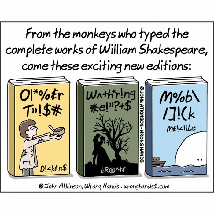 Humorous cartoon shows distorted classic book covers, inspired by literature, created by an artist blending science and humor.