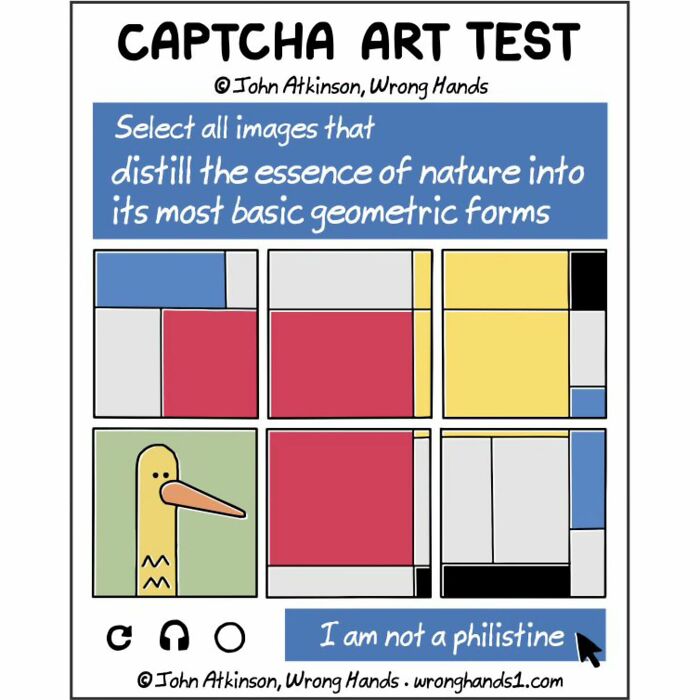 Humorous cartoon showing a CAPTCHA art test blending science and literature with basic geometric forms.
