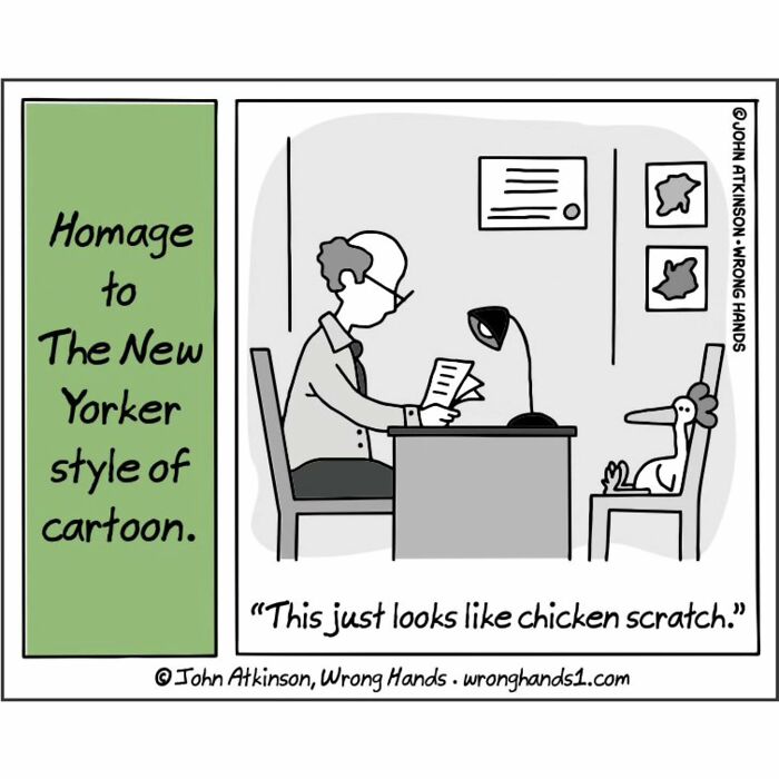 Humorous cartoon inspired by science and literature showing a man reading a document to a chicken in a comic style.