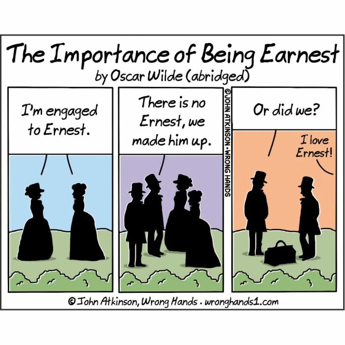 Humorous cartoon inspired by literature showing characters discussing a fictional Ernest in a simple outdoor setting.