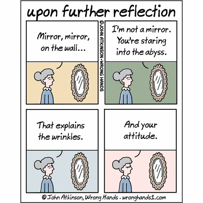 Cartoon by artist inspired by literature shows a woman talking to a mirror reflecting humorous science and life ideas.