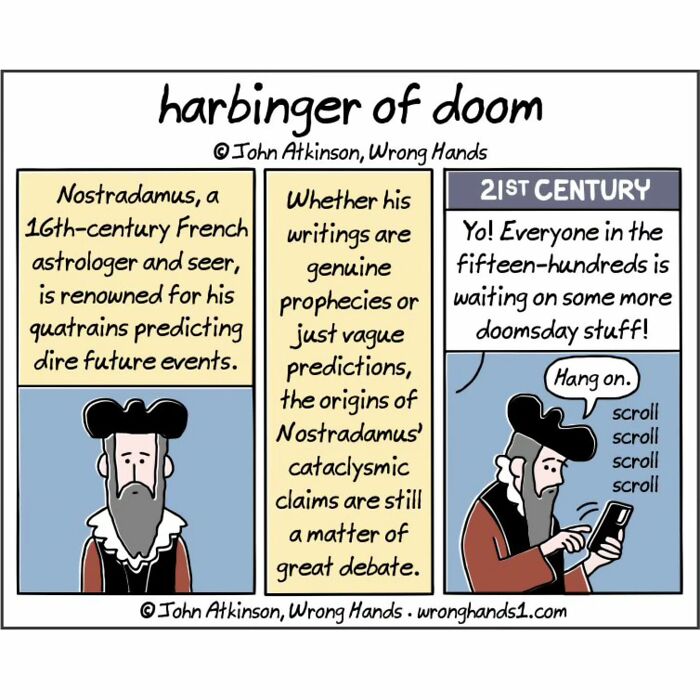 Humorous cartoon depicting Nostradamus and modern skepticism, inspired by science and literature themes.