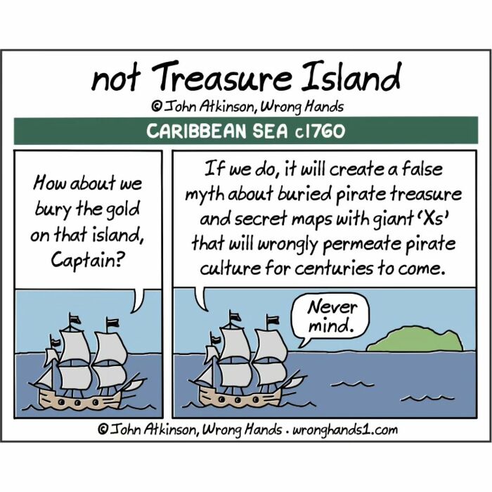 Humorous cartoon inspired by literature showing pirates debating burying gold and creating myths about treasure maps at sea.
