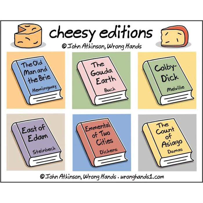 Humorous cartoons featuring book titles cleverly replaced with cheese names, blending literature and science themes.