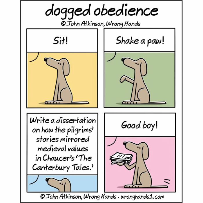 Humorous cartoon by artist showing a dog obeying commands, inspired by literature and creative science themes.