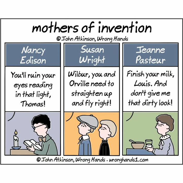 Humorous cartoon featuring mothers of invention inspired by science and literature with playful historical references.