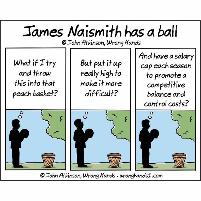 Humorous cartoon inspired by science showing James Naismith planning basketball rules with a peach basket and salary cap idea.