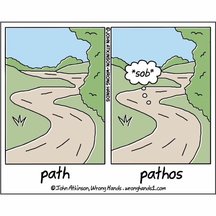 Humorous cartoon by artist showing a winding path and a path with a thought bubble expressing sadness, inspired by science and literature.