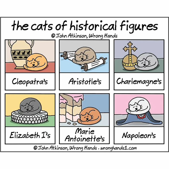 Humorous cartoons showing cats inspired by historical figures, blending science, literature, and art in creative illustrations.