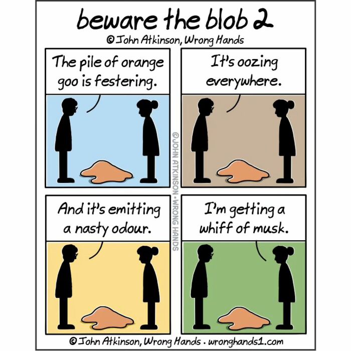 Humorous cartoon inspired by science showing two people discussing a festering, oozing orange blob emitting a bad odor.