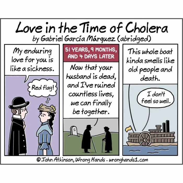 Humorous cartoon inspired by literature showing a dark comedic take on Love in the Time of Cholera by Gabriel Garcia Márquez.