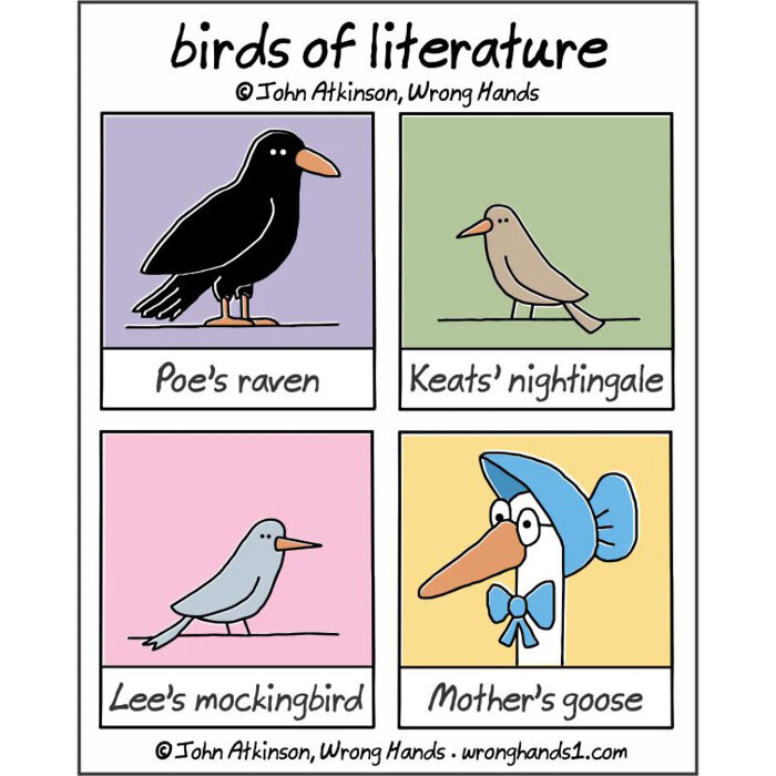 Humorous cartoons inspired by literature showing birds representing Poe, Keats, Lee, and Mother Goose characters.