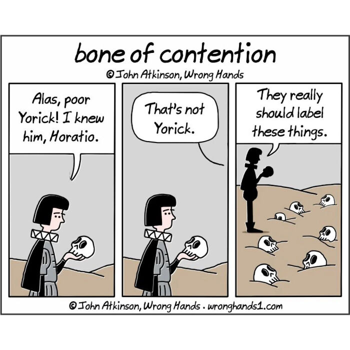 Humorous cartoon inspired by literature showing a character holding a skull and commenting on labeling in a graveyard of skulls.